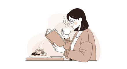 Woman Enjoying Leisure: Reading Book, Sipping Coffee, and Indulging in Treat