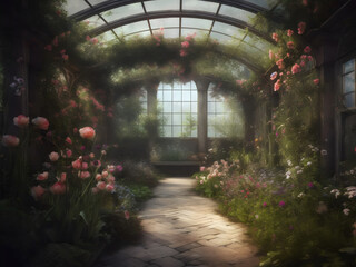 Fototapeta premium Romantisches Gewächshaus mit Blumen - Abstraktes Wallpaper - Umwelt Hintergrundbild