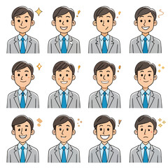 Collection of diverse facial expressions of a man in a suit isolated on white background