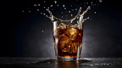  A glass of cola with ice cubes splashing mid-air, condensation on the glass, dark background with copy space for branding