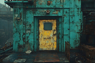Abandoned industrial building with rusted teal exterior and a yellow, weather-beaten door. The desolate scene evokes a sense of decay and forgotten purpose