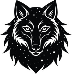 Fototapeta premium Vector art of striking black and white graphic of a wolfs head filled with a starry night sky pattern, symbolizing cosmic connection and nocturnal mystery, ideal for mystical or fantasy themes