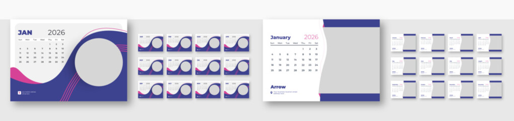 Desk calendar 2026 template | corporate desk calendar schedule 2026 monthly 12-page planner layout bundle | week starts on sunday