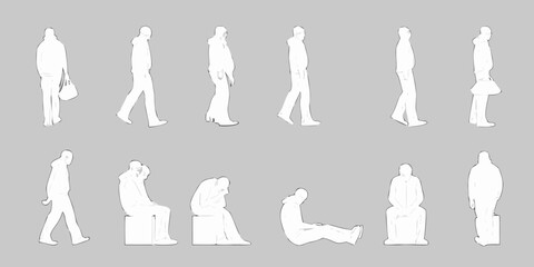 Collection of stylized white human figures in various walking and sitting poses against a neutral gray background