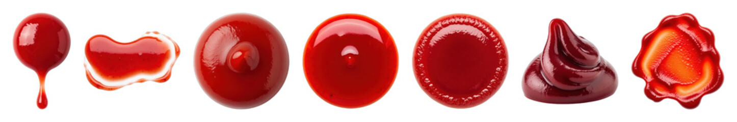 Ketchup sauce set including drops, streaks, dollops, swirls, puddles, and splatters isolated. Culinary design and food presentation elements.