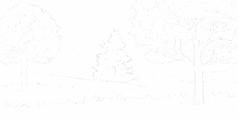 Stylized line drawing of a serene landscape with trees and grassy hills under a bright sky
