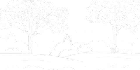 Minimalist line drawing of two trees on rolling hills with textured foliage in a simple sketch style