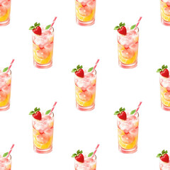 Fototapeta premium Strawberry lemonade seamless watercolor pattern with fruit slices and refreshing accents. White background design for summer branding and packagin