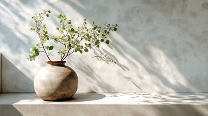Minimalist ceramic vase with delicate green branches casting soft shadows on a textured wall, creating a serene and natural aesthetic.
