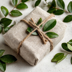 Eco-friendly gift wrapped in linen fabric with twine and green leaves, creating a natural, sustainable, and rustic aesthetic on a light background.