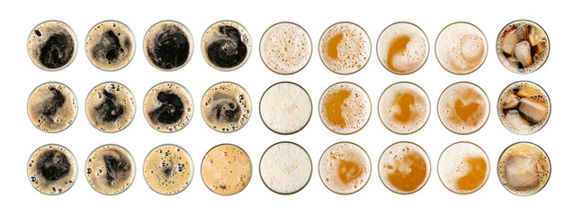 Assorted Beer Isolated Top View, Many Unfiltered Lager in Glass, Wheat Beer with Foam