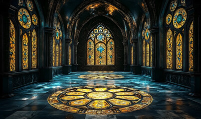 Interior view of a cathedral-like hall. Features intricate stained-glass windows, golden hues, and a tiled floor. Creates an atmosphere of grandeur and mystery