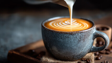 Close-up of creamy milk being poured into a cup of fresh latte, creating beautiful layered latte art, surrounded by coffee beans on wooden surface.