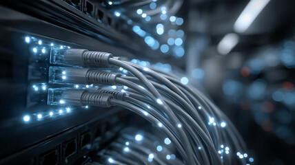 Close-up of glowing network cables connected to a server rack, symbolizing fast internet connection, data transfer, and modern digital infrastructure.