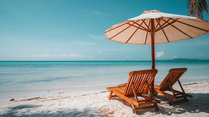 Two wooden beach chairs under a large umbrella facing the calm blue sea on a sunny tropical day, perfect for a relaxing summer vacation escape.