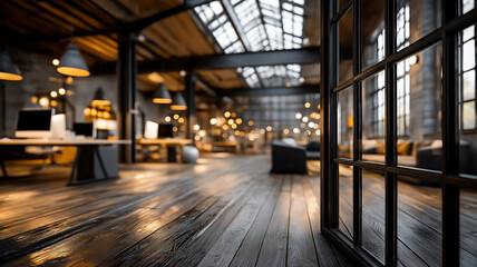 Stylish industrial loft office with wooden floors, exposed beams, warm ambient lighting, and modern workspace setup under large skylight windows.
