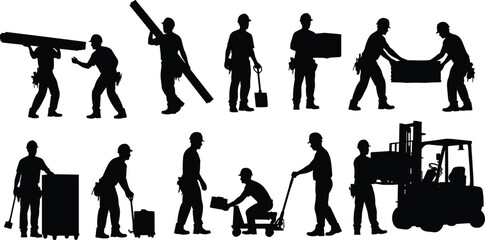 Construction workers loading and carrying materials, forklift operation, teamwork, manual labor, silhouettes of laborers working at building construction site
