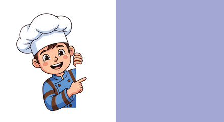 Cartoon chef character pointing with smile, white hat, blue uniform, culinary background, cooking promotion, restaurant mascot, food illustration vector