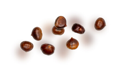 Falling edible sweet whole chestnuts, chest nuts in air isolated on white background