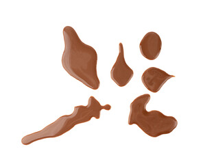 Spilled chocolate milk isolated, hot chocolate puddle, liquid stain, coffee splatter, brown latte