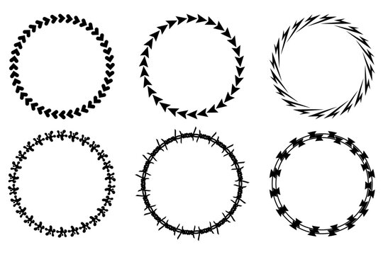 Vector Set of Graphic Circle Frames, Abstract Round Decorative Borders, Love shape Barb Wire Razor wire - Powered by Adobe