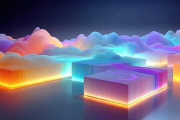 Abstract landscape of glowing, textured cubes and flowing, colorful hills