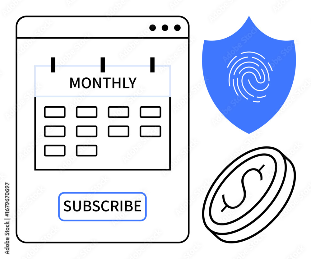 Poster monthly subscription calendar with subscribe button, shield symbolizing data security, and coin repr