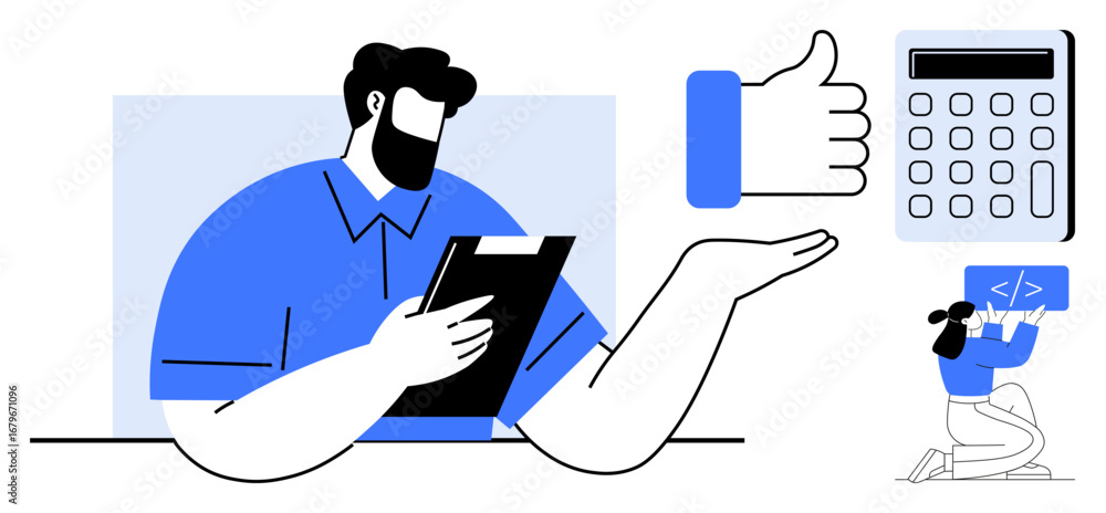 Poster businessman holding a tablet, thumbs-up gesture, calculator, and programmer creating code. ideal for