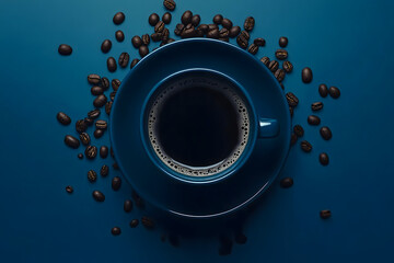 Blue coffee cup with scattered aromatic roasted beans overhead shot