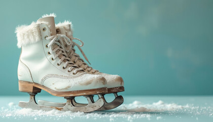 Weathered White Vintage Ice Skates on Blue