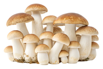 Large group of mushrooms with a tan and white color on transparent or white background