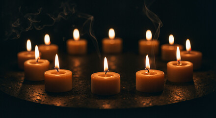 Glowing mystic candles arranged in a circle on dark altar with smoke, the concept of Halloween