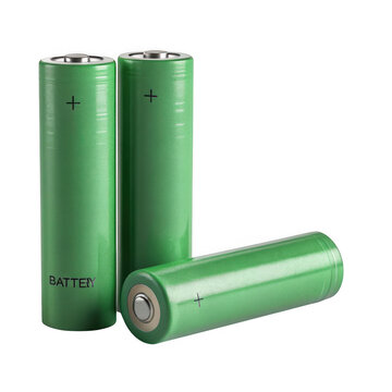 Three green cylindrical rechargeable batteries arranged together isolated on transparent background