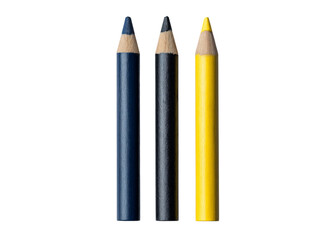 three crayons in navy blue, black, and yellow colors on an isolated on a transparent background in PNG format.