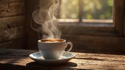 A steaming cup of coffee placed on a rustic wooden table, morning sunlight streaming through, storytelling of freshness and lifestyle 3