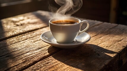 Obraz premium A steaming cup of coffee placed on a rustic wooden table, morning sunlight streaming through, storytelling of freshness and lifestyle 2