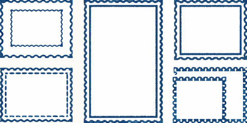 Collection of five hand drawn blue watercolor borders with perforated edges on a white background