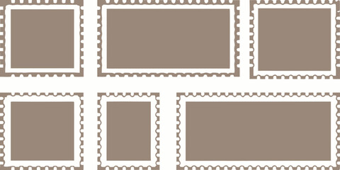 Collection of six blank postage stamp frames with perforated edges in various sizes and orientations