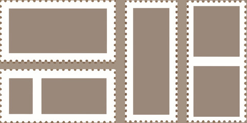 Collection of blank postage stamps in various rectangular shapes and sizes on a neutral background