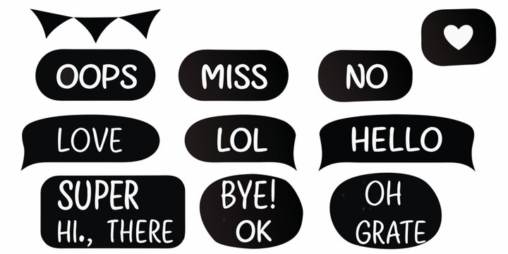 Collection of black speech bubbles with white text phrases and a heart icon