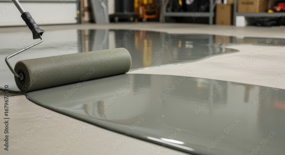 Poster pan shot capturing the entire garage floor being coated by a foam roller with epoxy highlighting eff