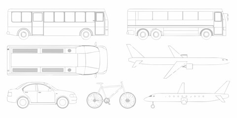 Collection of simple line drawings of various transportation vehicles including buses airplanes cars and a bicycle