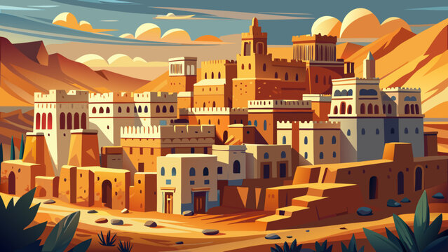 Shibam, Yemen, called the &ldquo;Manhattan of the Desert,&rdquo; shows sunlit high-rise mud towers against a vast plain. Warm palette, sharp outlines; semi-realistic flat vector emphasizing vertical rhythm and st
