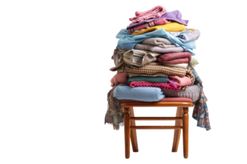 Stack of Donated Clothes on Stool for Charity Shop
