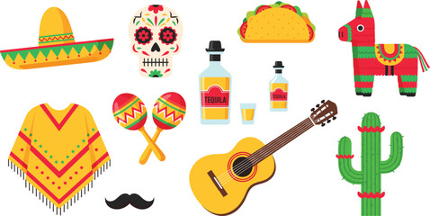 Mexican culture icons including sombrero, sugar skull, taco, piñata, tequila, guitar, cactus, maracas, poncho, and festive traditional elements