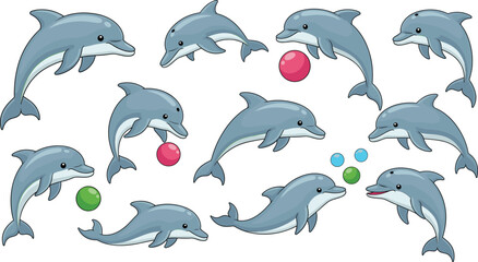 Playful Cartoon Dolphins in Various Poses with Colorful Balls on White Background – Fun Marine Animal Vector for Kids Content