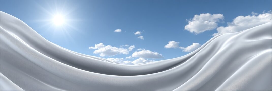 Conceptual scene blending flowing white fabric texture with bright blue sky, clouds, and sunlight for themes of purity, freshness, and creativity