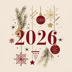 Elegant festive composition, the full number "2026" written clearly and kept together in the center of the design, surrounded by Christmas elements such as snowflakes, pine branches, ornaments, stars