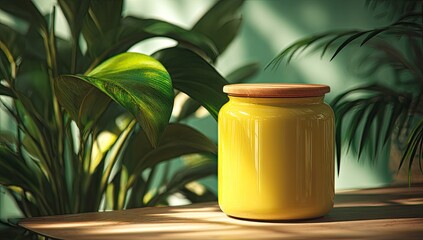 Sunny yellow jar, lush plants