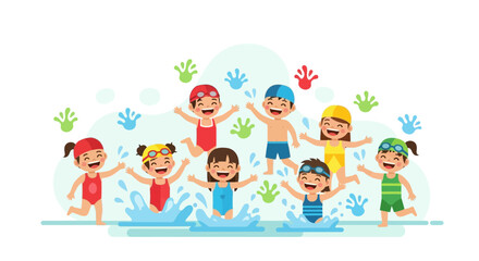 Fototapeta premium Happy children swimming in the pool enjoying summer season with swimwear and water